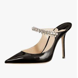 FOWT Black Mules Rhinestone Strappy Pointed Toe Mules Stiletto High Heels Sandal